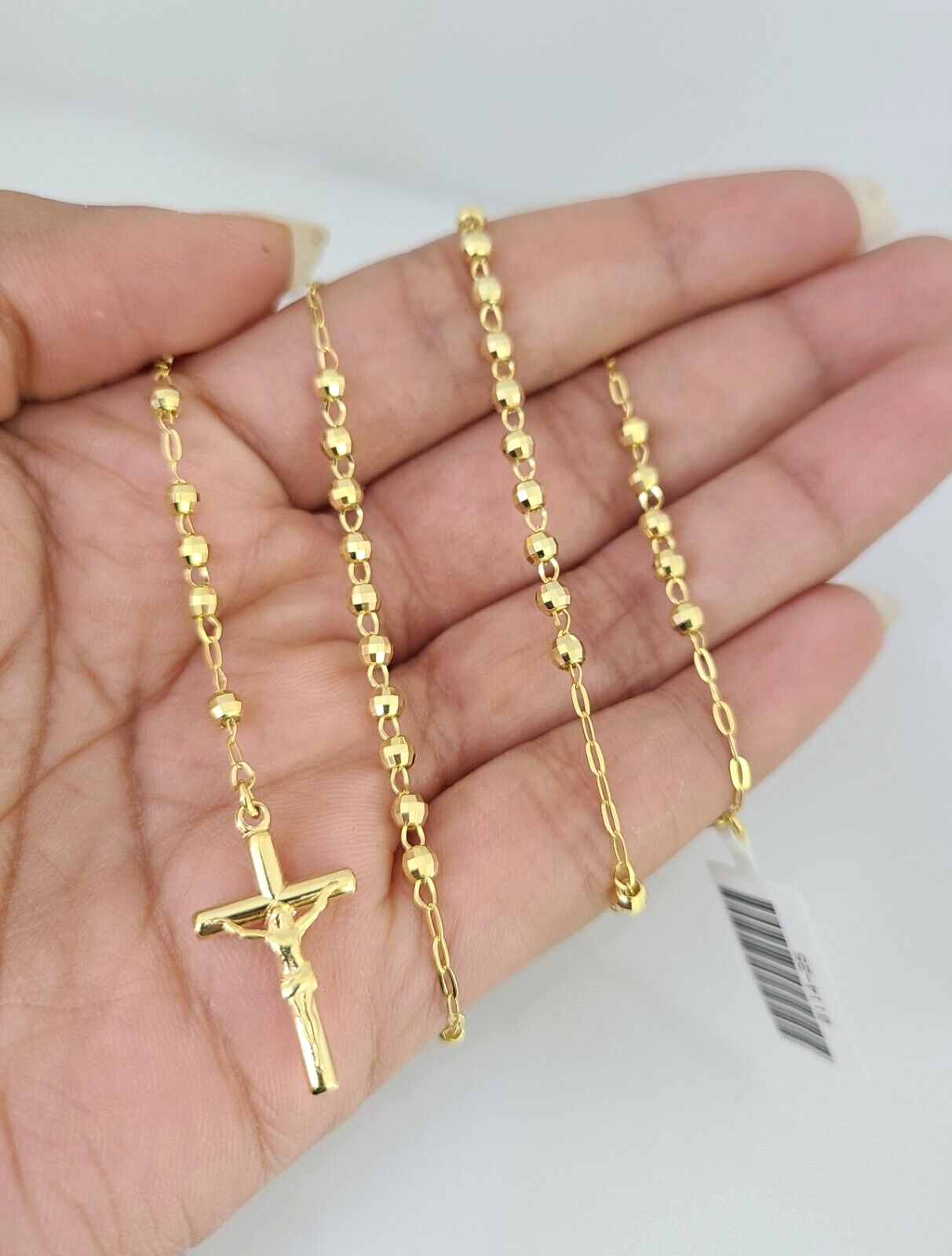 Real 14k Gold Rosary Necklace Jesus Cross Women Diamond Cut Chain 16 INCHES